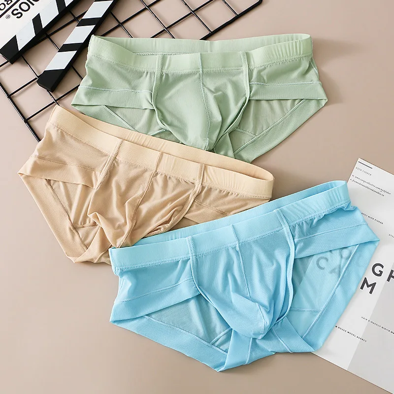 Sexy Ice Silk Briefs Men's Transparent Ultra-thin Solid Panties Quick Dry Seamless Underwear Male U Bulge Pouch Underpants Cueca