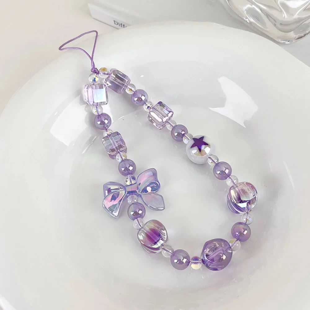 Beautiful Bow Cell Phone Chain Light Purple Sweet Bag Hangings Acrylic Beaded Mobile Phone Chain Anti-loss Lanyard Jewelry