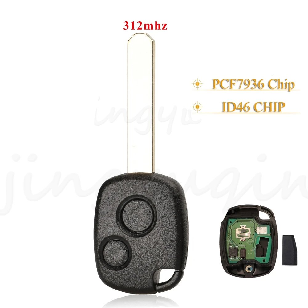 jingyuqin 2 Buttons Remote Car Key 312Mhz /313.8MHZ ID46 Chip For Honda Odyssey Fit City Civic Accord