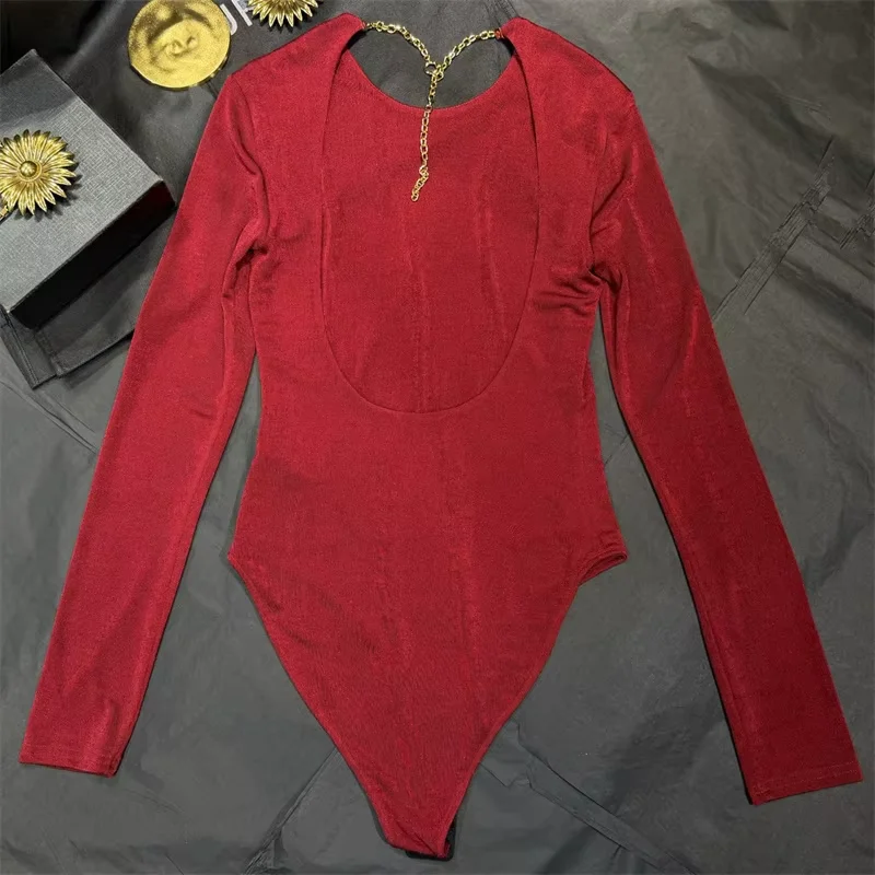 Women's bodysuits New sexy backless women's long sleeved top for autumn 2026 Elastic slim fit round neck pullover women's corset