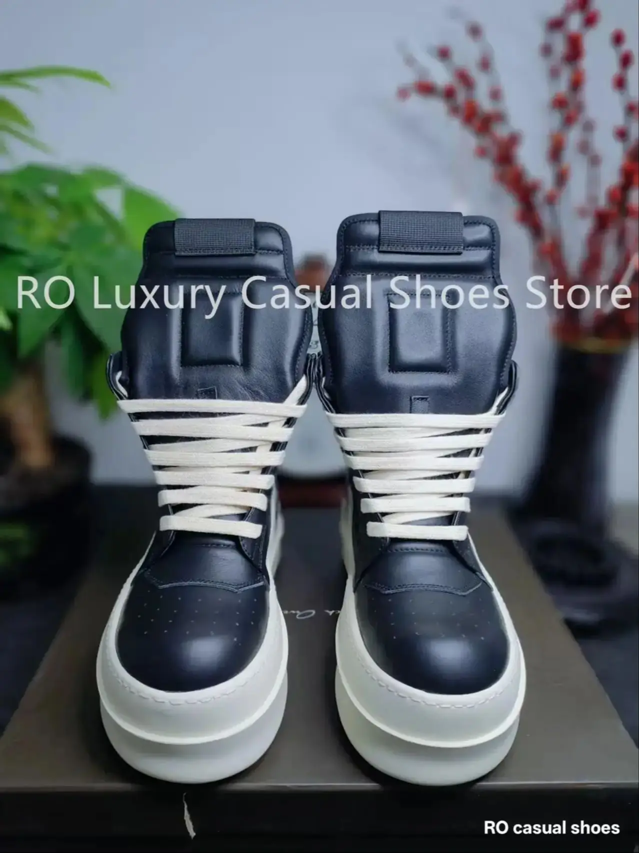 

R-o Men High Top Platform Motorcycle Shoes Lace Up Genuine Leather Women Boots Luxury Casual Sneakers Black Male Designer Shoes