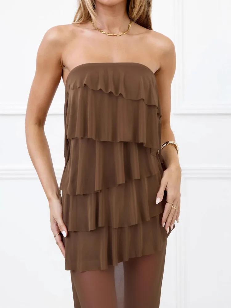 Sukienka maxi bez ramiączek z odkrytymi ramionami, falbankami, seksowna, damska, modna, z siateczkowymi wstawkami, bez rękawów, z odkrytymi plecami, obcisła, długa sukienka klubowa.