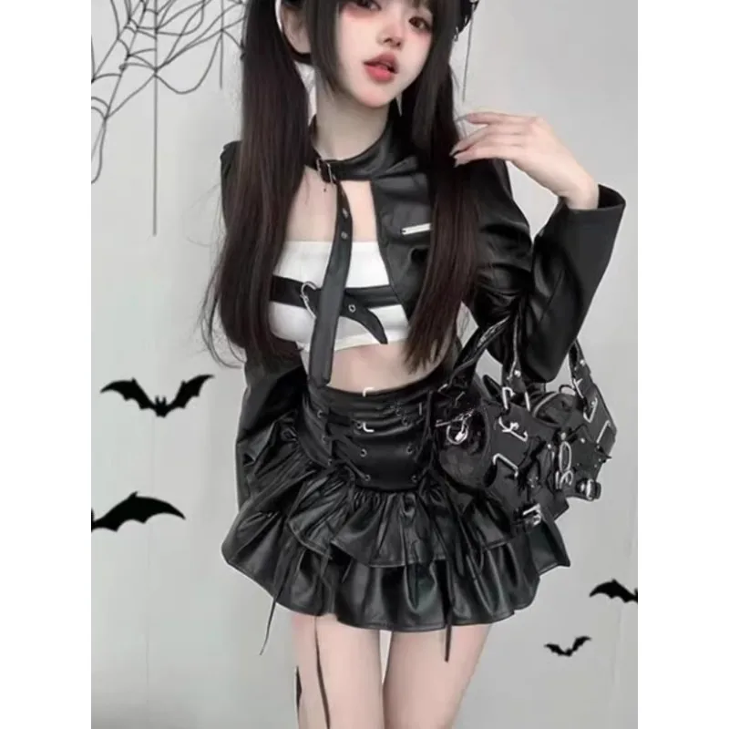 Sweet Cool Sexy Short Skirt Black Gothic Punk Rock Bandage Mini Skirts and Coat Sets Preppy Leather Ruffles Streetwear Skirt Set