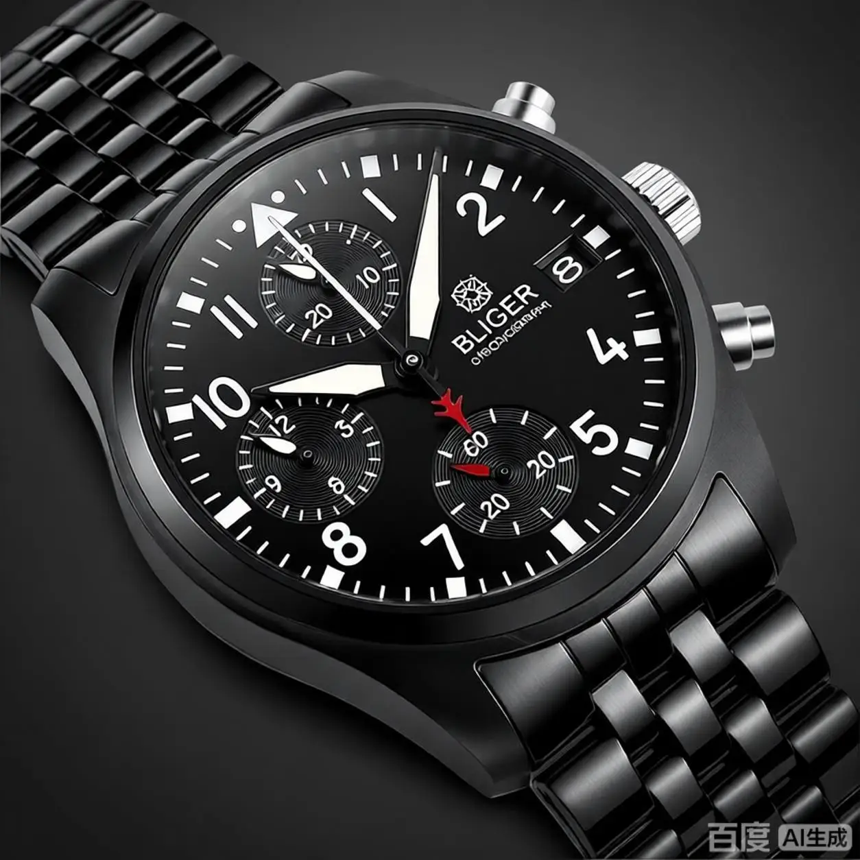 BLIGER Full Black Brushed 38mm VK67 Quartz Aviator Chronograph Watch For Men Domed Sapphire Glass Luminous Dial Waterproof Date view 3