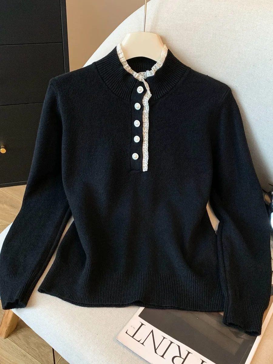 

Warm Knitted Long Sve f High Collar Patchwork Lace Trim Women's Inner Wear Turtlene Sweater Winter Faion Casual Com...