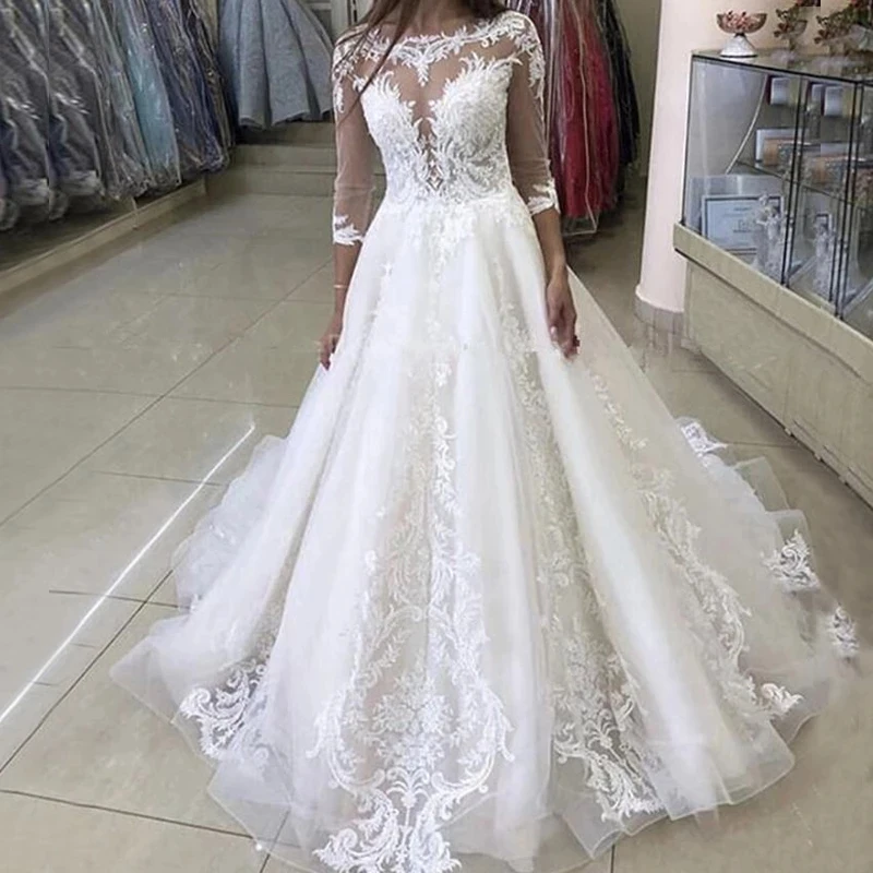 

ANGELSBRIDEP Luxury Wedding Dresses Robe de mariee Large Applique lllusion Neck Court Train Vestidos De Noiva Plus Size