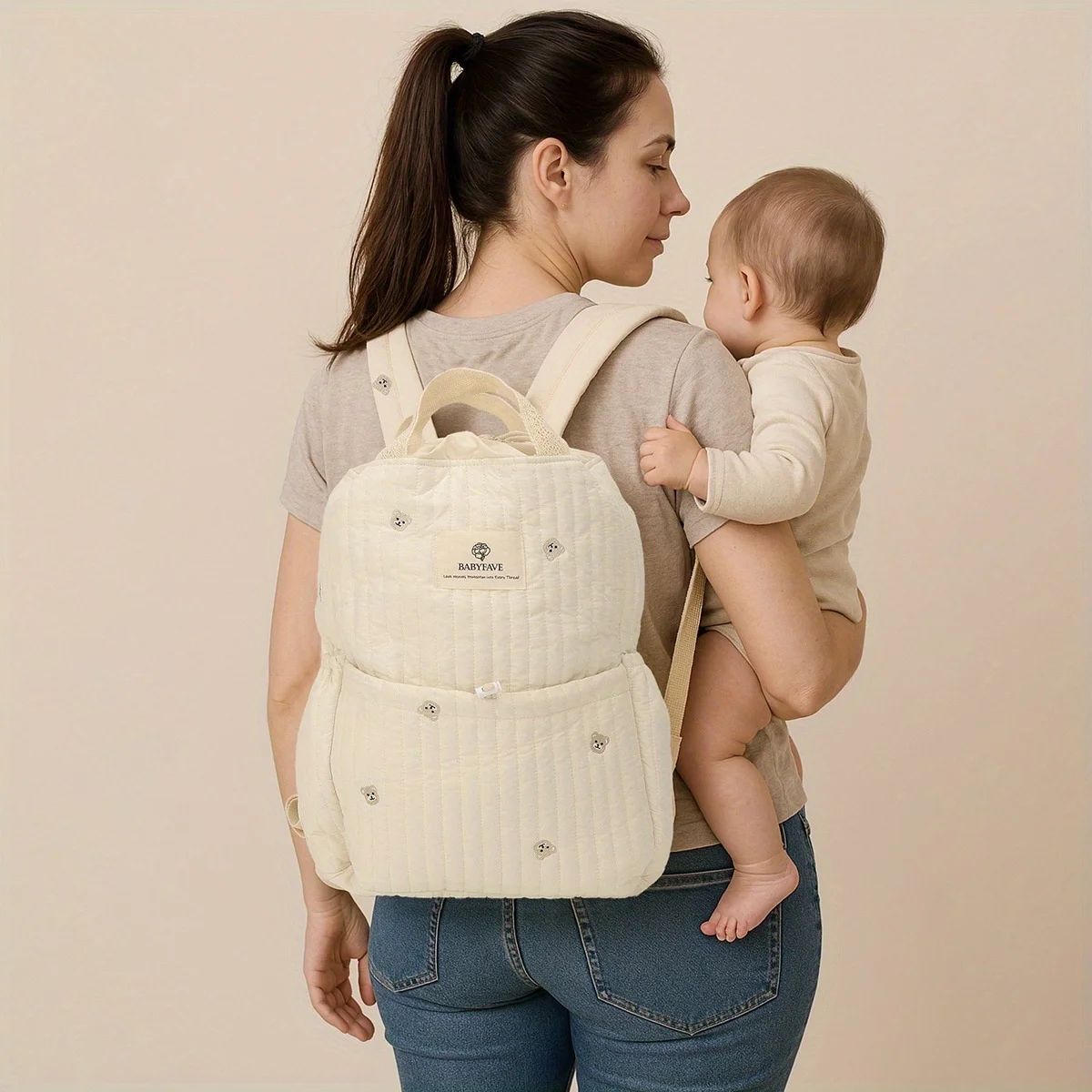 

Bear Print Diaper Bag Backpack, Large Capacity Mom Backpack, Multipurpose Baby Storage Bag with Pockets, Convenient Backpack for