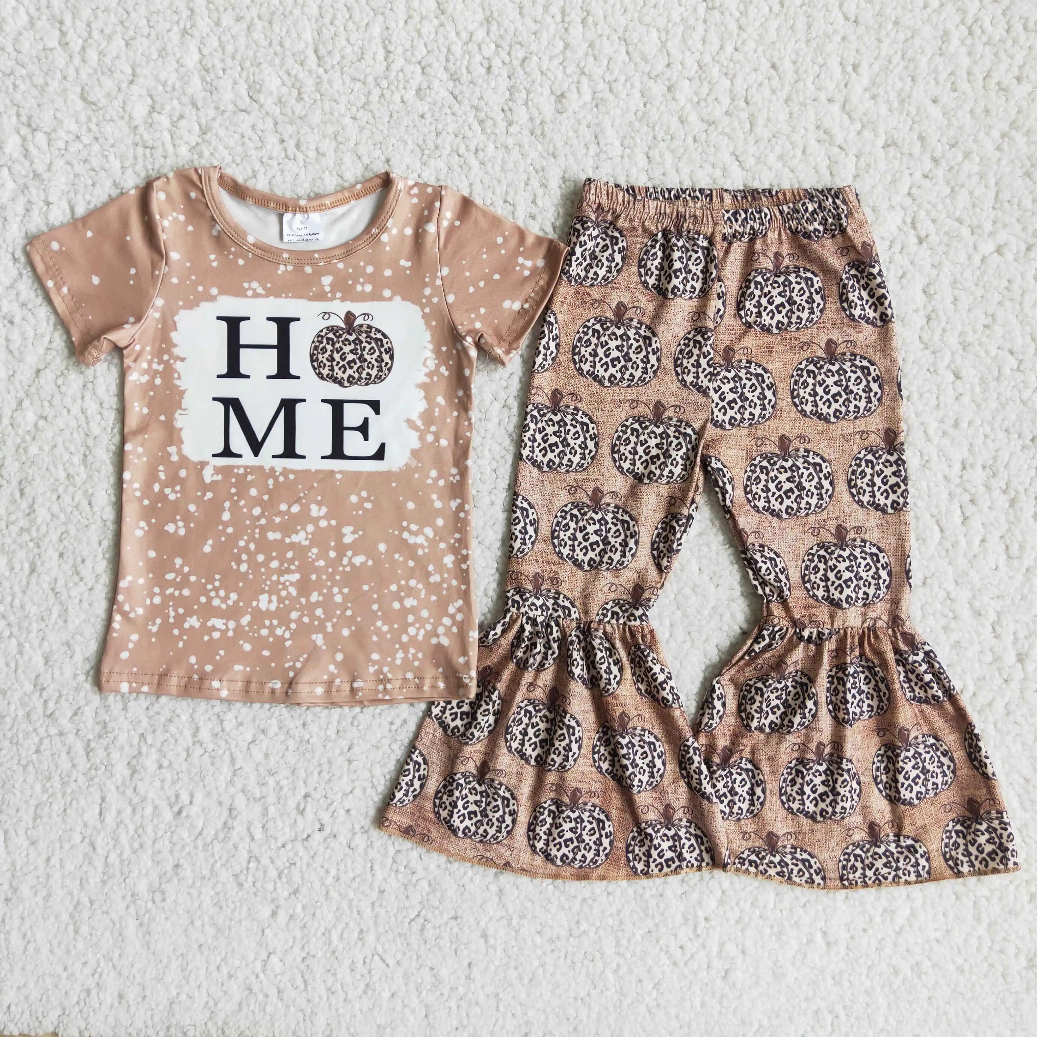 

Baby Girl Kids Thanksgiving Clothes Short Sleeves Leopard Pumpkins Tee Shirt Set Toddler Outfit Children Wholesale Bell Pants