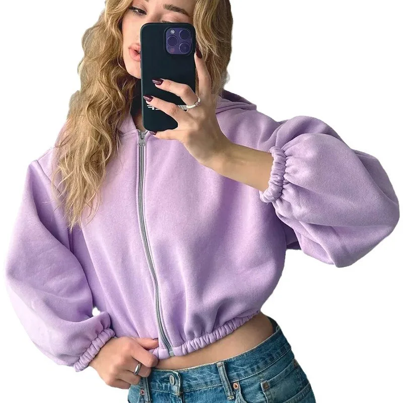 Women Fashion Zipper Hoodie Cropped Jacket Spring Y2k Solid Color Short Cardigan Long Sleeve Loose Surcoat For Female Sweatshirt