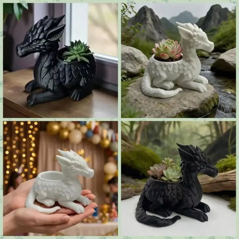 3D Printed Dragon Planter Pot & Vase Plastic Flower Pot, Lightweight Desk Decor Bookshelf Display - Gift Home Office Organizer