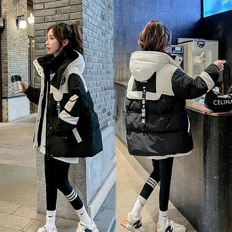

Black patchwork Down cotton Jacket For women 2026 New Winter Loose Korean version Student Hooded Coat Lady Thick Warm Casual Top
