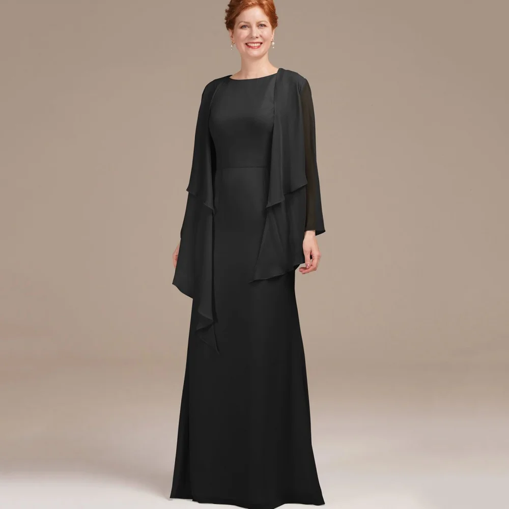 

Elegant Simple Customized A Line Chiffon Mother of Dresses Long Sleeve Evening Gown Black Formal Dress vestido invitada boda