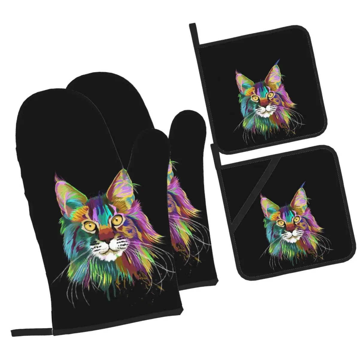 

Splash Maine Coon Cat Oven Mitts and Pot Holder Sets of 4 for Baking Kitchen Cooking BBQ Resistant Non-Slip Gloves