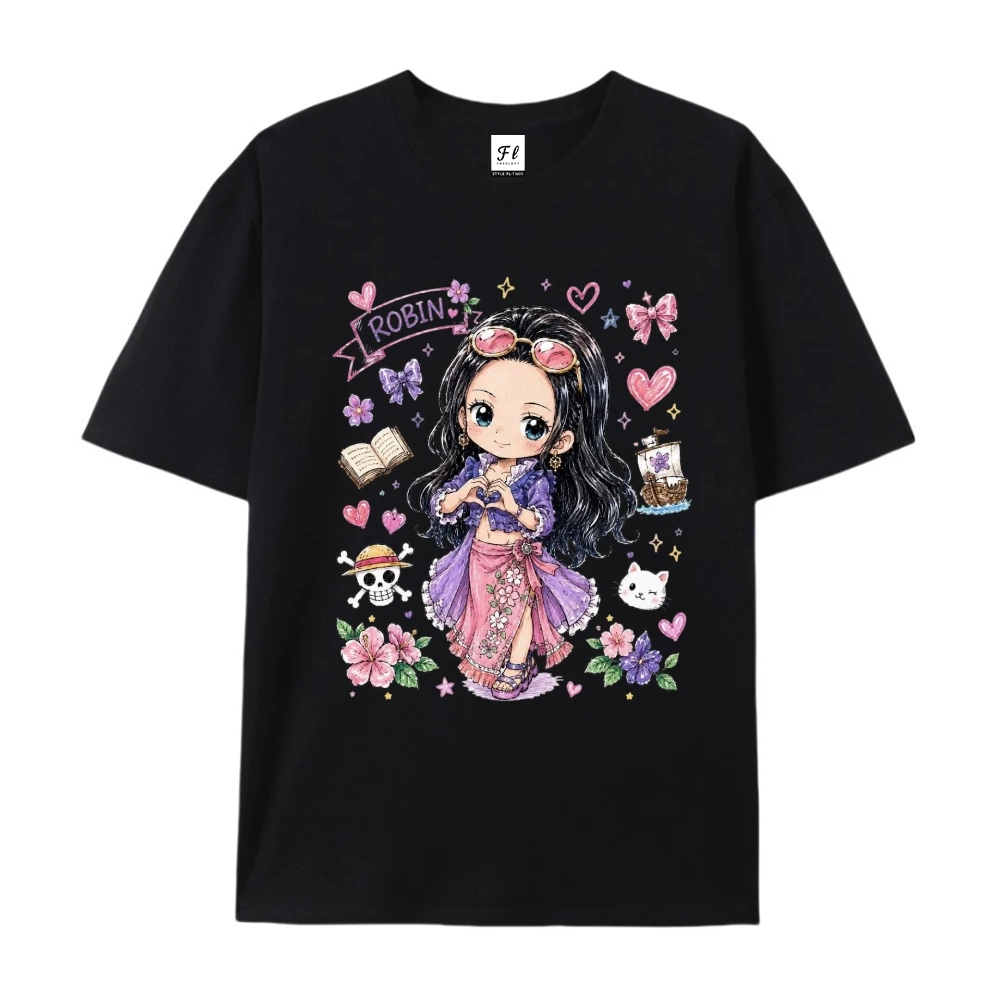 One Piece Anime Printed T-shirt, Cotton Cute Painting Style Thousand Handed Robin, Colorful and Diverse Boys Clothes