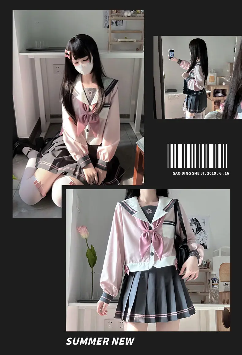Japanischer JK-Kurzrock-Anzug, Mädchen-Cosplay, rosa, marineblauer Kragen, College-Stil, Matrosenanzug, Schleife, süße High-School-Schülerin-Uniform – Detail 5