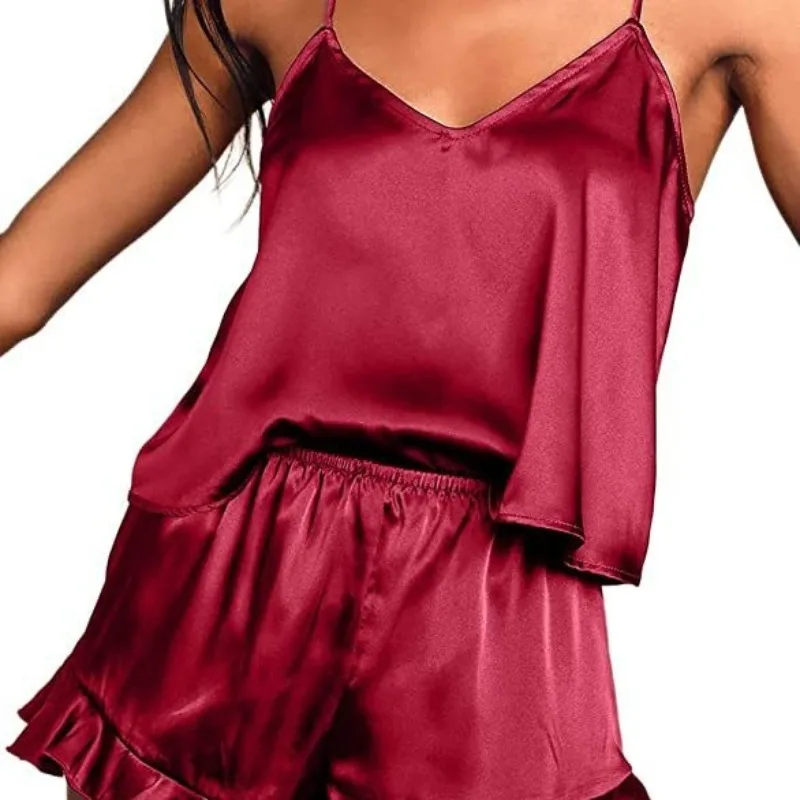 

Women's Pajama Sets Imitation Silk Pajamas Sexy Fashion Home Suit Set Solid Color V-neck Camisole Shorts Two-piece Set Pajamas