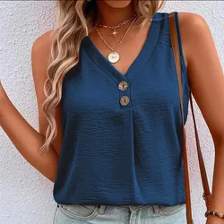 V-Neck Solid Buttons T Shirts Sleeveless Summer Tops Casual Women Loose Vest Shirts Ladies Tank Black White Blouses Streetwear