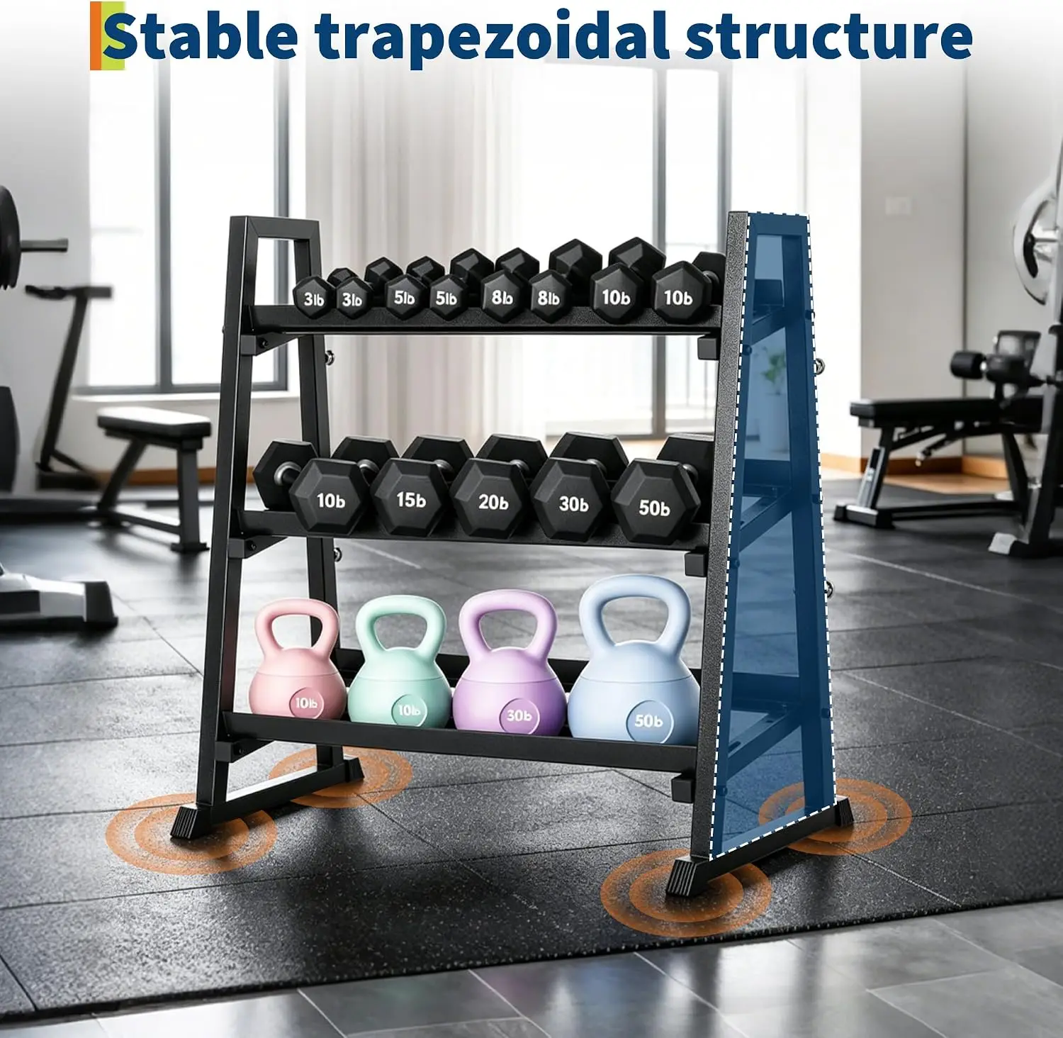 Garvee Heavy-Duty 3-Tier Dumbbell Rack for Home Gym – 1300LB Capacity Trapezoidal Steel Weight Stand – Space-Saving Organizer for Dumbbells, Kettlebells, Barbells & Plates – Trapezoid Three-Layer Combo