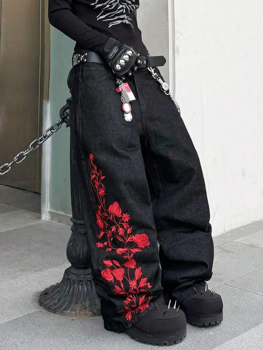 

Stylish Black Wide-Leg Denim Pants With Red Floral Embroidery, Loose Fit Streetwear For Men