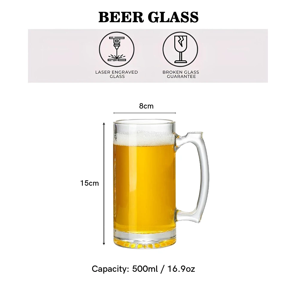 500ml Personalized Beer Mug Laser Engraving Custom Beer Glass With Handle for Corporate, Brother, Father, Lover, Husband Gift
