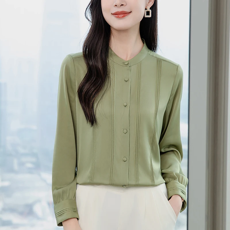 

Real Silk Women's Vintage Shirt Stand Collar Long Sleeve Elegant Shirts Blouses for Women Tops Office Lady Solid Blouse Loose