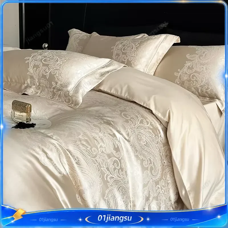 Luxury Egyptian Cotton Satin Jacquard Bedding Set 1000TC Patchwork Duvet Cover Flat Fitted Sheet Pillowcases 4 Piece Home