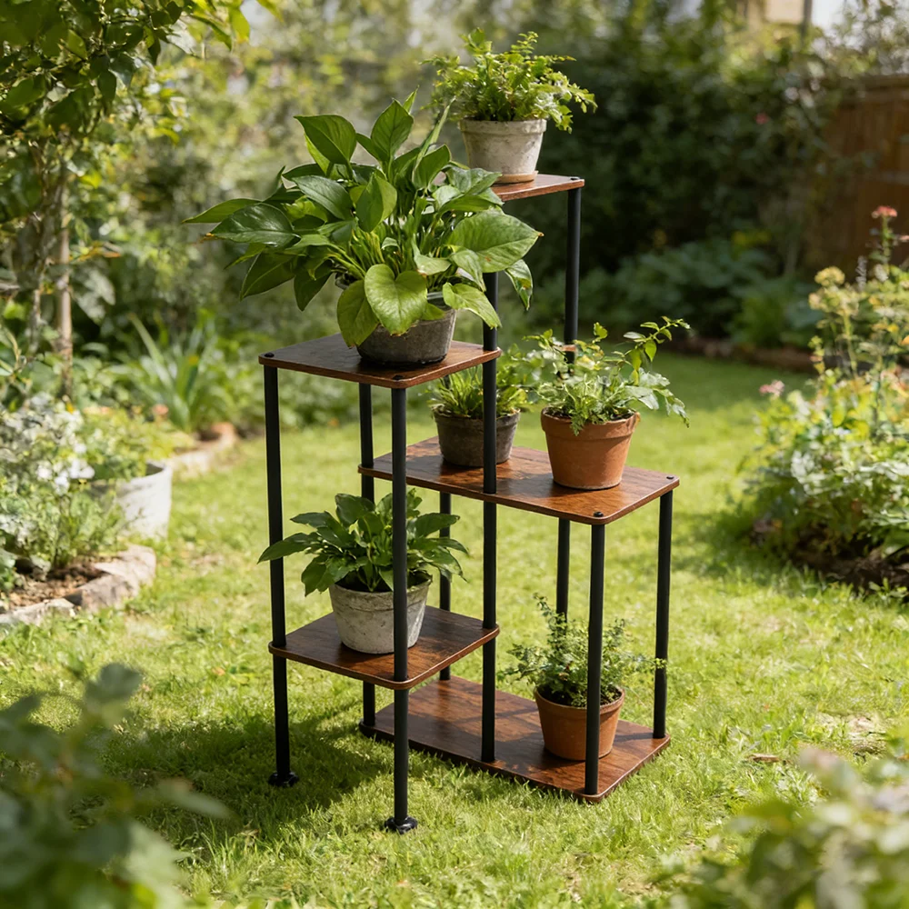 Industrial Rustic Wood 5-Tier Plant Stand, Metal Pipe Ladder Shelf, Floor-Standing Flower Pot Rack for Patio, Balcony, Living Ro