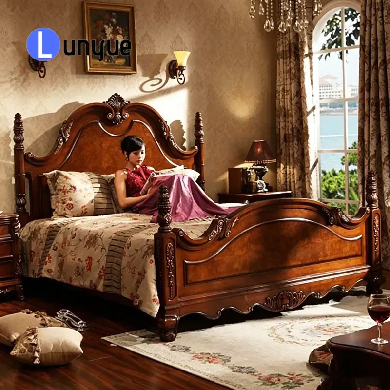 Luxury American Classic Four Poster Solid Wood King Bed Antique Retro Style Suitable for Villa Hotel Master Bedroom Furniture