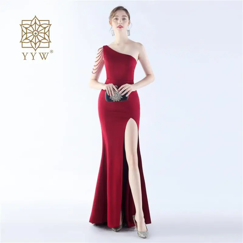 Formal Banquet Women Prom Dress Sexy Cocktail Evening Burgundy Beading Classic Dress Female Mermaid Gala Elegant Dress Side Slip