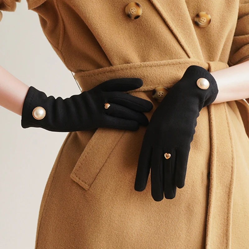 Women Winter Keep Warm Fingertips Clamshell Touch Screen Pearl Gloves Fashion Elegant Retro Luxury Fleece Soft Drive