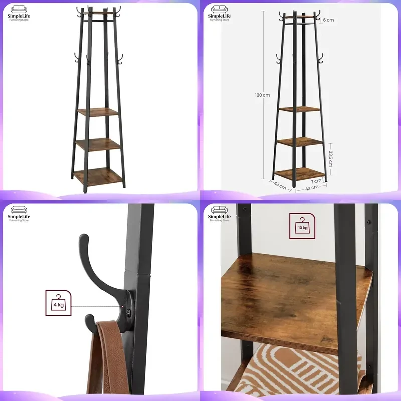 Vintage Metal Coat Rack Stand 4 Tier Hallway Tree with Double Hooks for Jackets Scarves Bags Heavy Duty Freestanding Storage