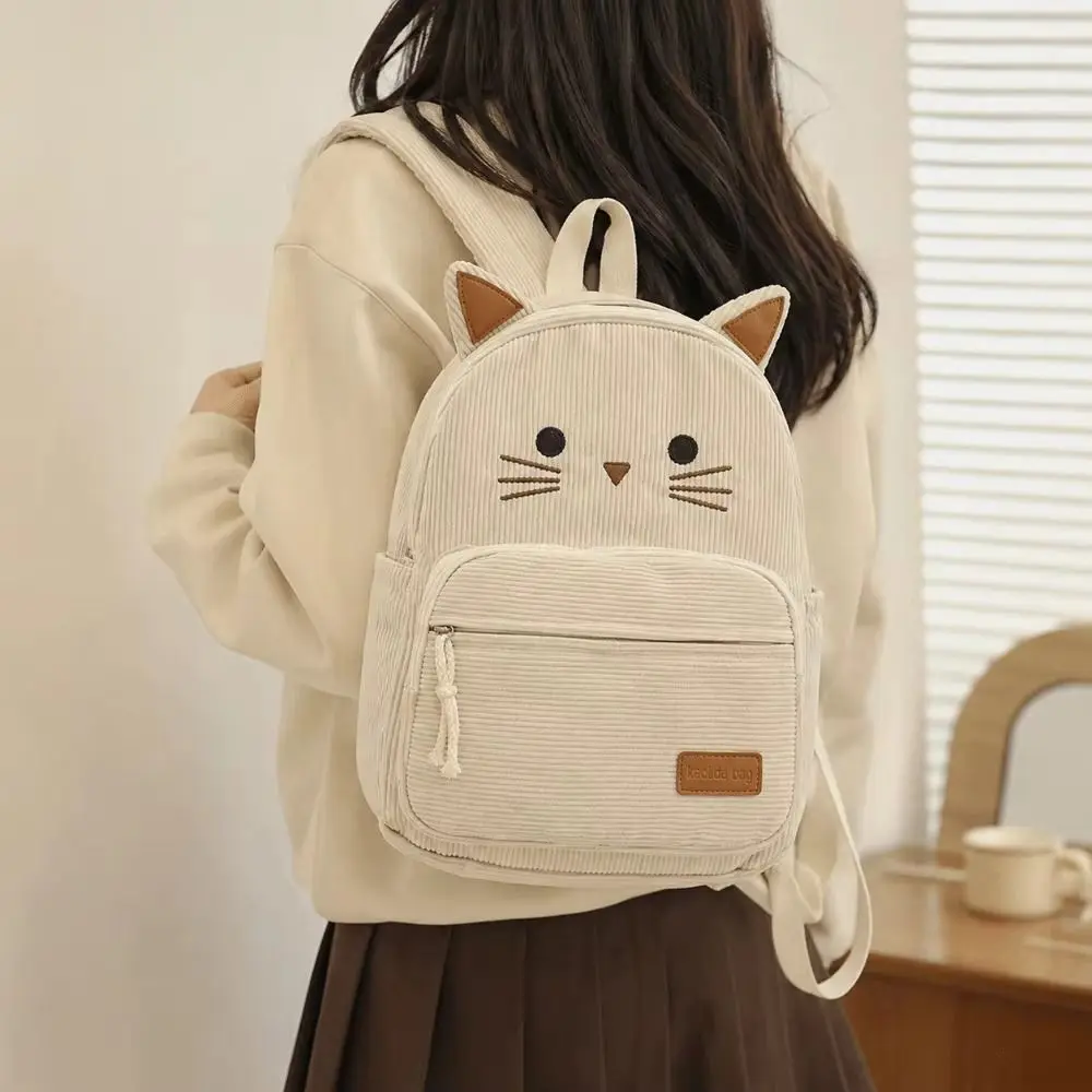Fashion Sweet Cartoon Cat Backpack Minimalist Printed Corduroy Rucksack Multiple Pockets Lightweight Student School Bag Commute