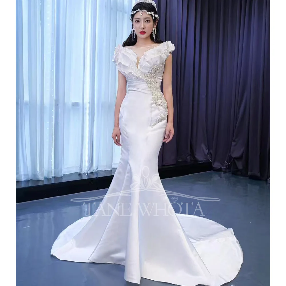 

Свадебное платье 2025 года с круглым вырезом без рукавов, расшитое бисером, на шнуровке сзади, стильное сексуальное свадебное платье, настраиваемая посадка для женщин