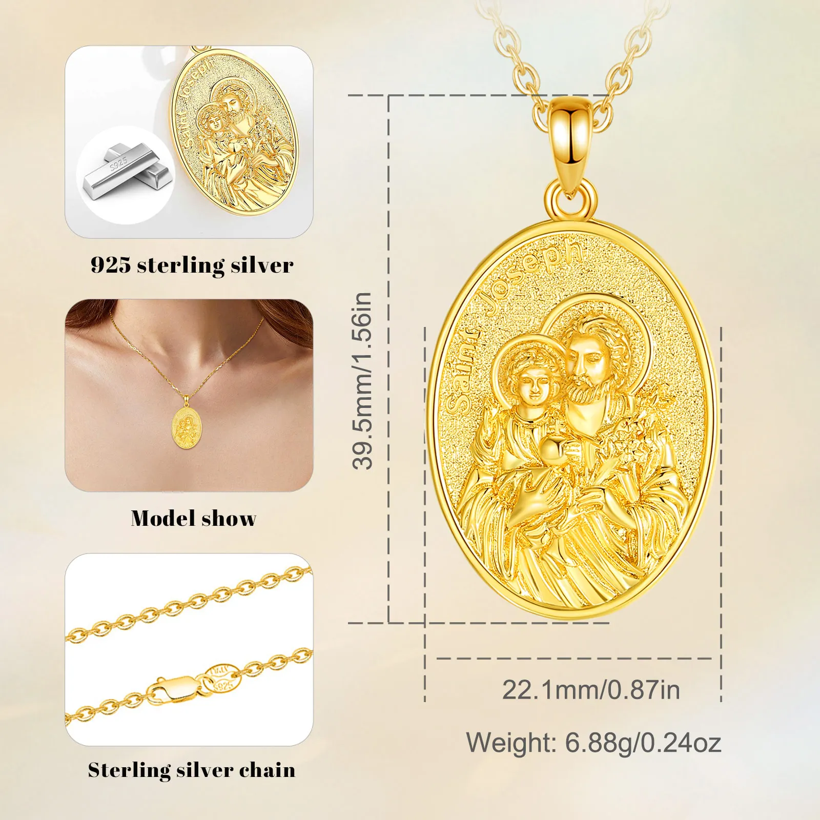 Eudora Saint Joseph Necklace 925 Sterling Silver Plated 18k Gold pray for us Medal Pendant Religious Jewelry Gift for Men Women