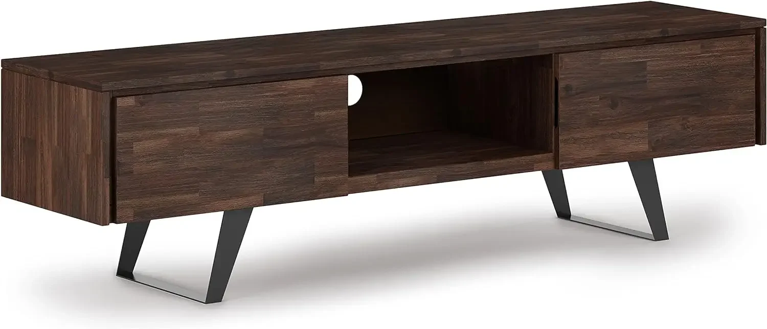 SOLID ACACIA WOOD 72 Inch Wide TV Media Stand in Distressed Charcoal Brown For the Living Room and Entertainment Center