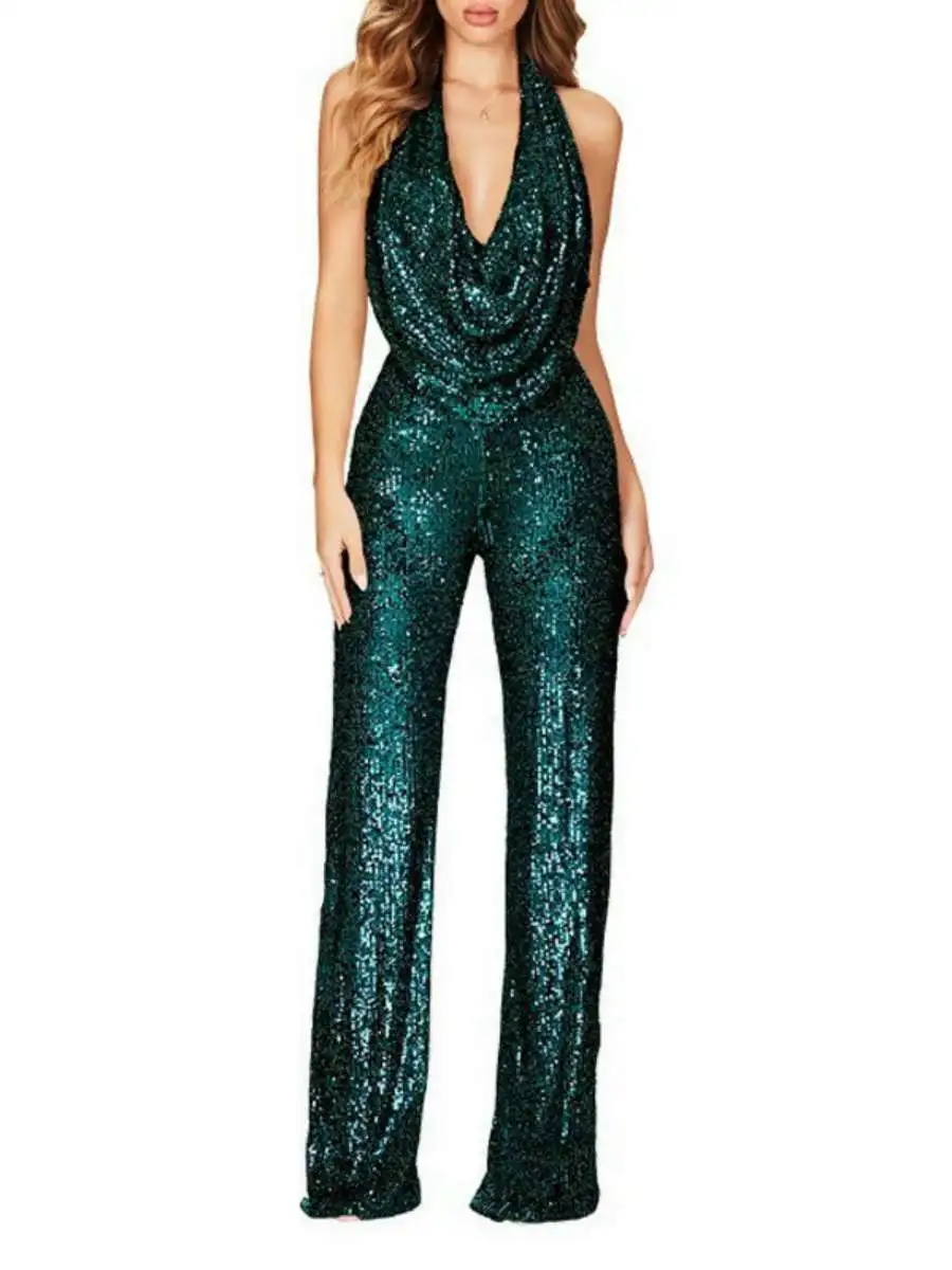 

Модный комбинезон с бисерной отделкой на шее, утягивающий, с длинными брюками, блестящий, со средней талией, прямого кроя, летний, женский костюм