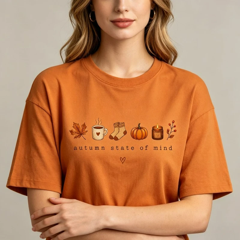 autumn state of mind Women T-Shirt Cotton Regular Fit Maple Leaf Coffee Mug Socks Pumpkin Candle Berry Print Short Sleeve Tee