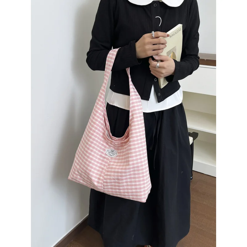 

Korean StyleinsNew style casual and sweet plaid canvas shoulder shopping bag, fresh and versatile for daily use, underarm bag