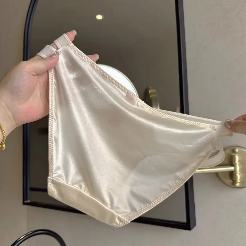 Bragas triangulares finas de encaje de seda de hielo calado Sexy para niñas, ropa interior de algodón de verano para mujeres, calzoncillos de gama alta de Color sólido