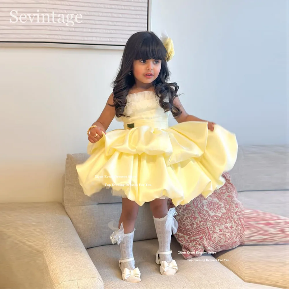 Sevintage Princess Yellow Flower Girl Dresses Tiered Satin Sleeveless Birthday Party Dresses For Girls Kids Dresses Customized