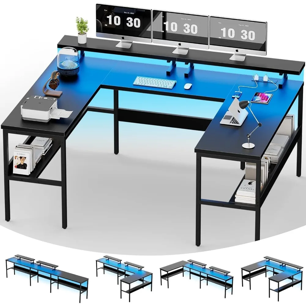 

U Shaped Computer Desk, Customizable L Shaped Office Desk with Adjustable Monitor Stand & Power Outlets & LED Strip Lights, Larg