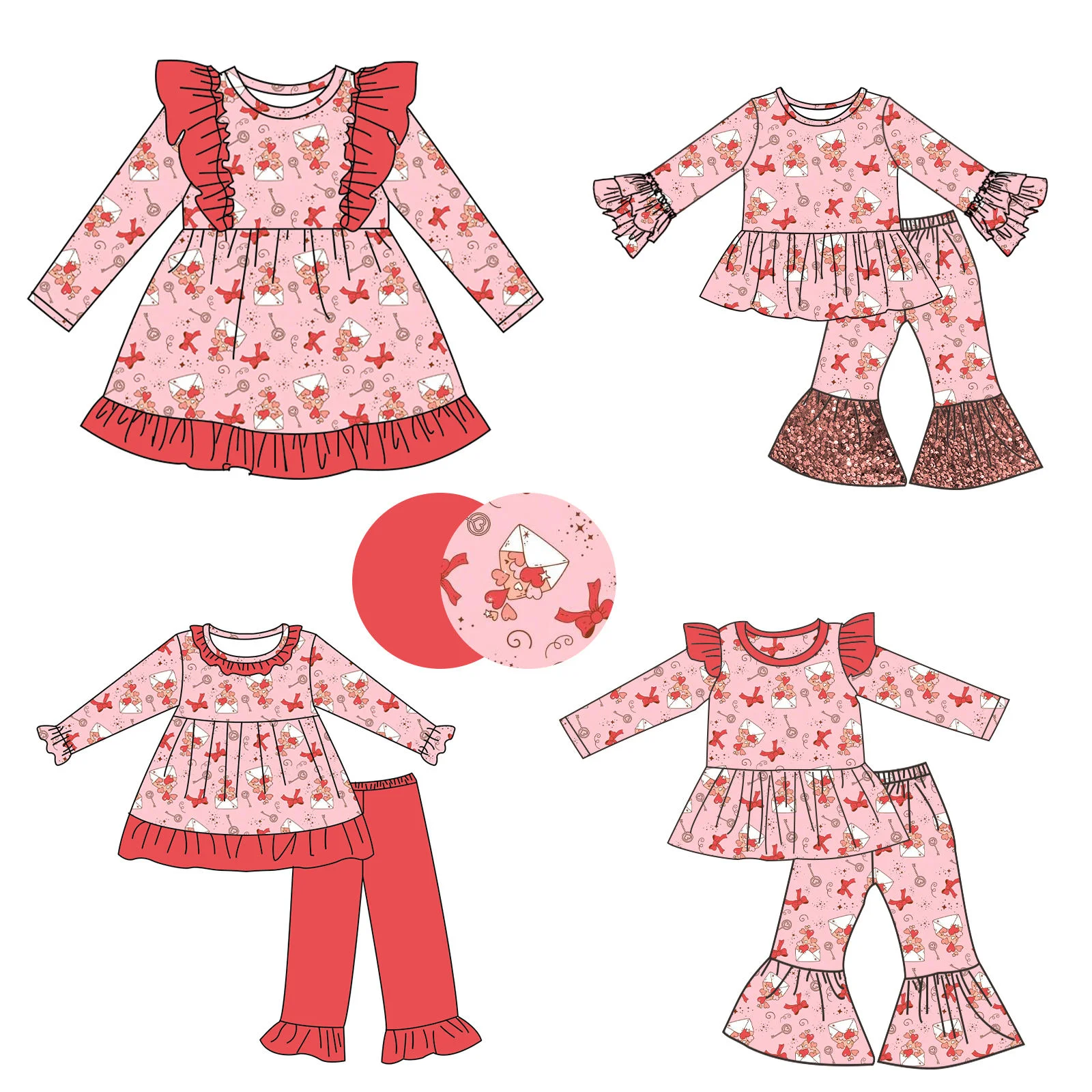 Valentine's Day New Girls' Clothing Red Ruffled Long-Sleeved Top and Flared Pants Boutique Set and Dress Matching Four-Piece
