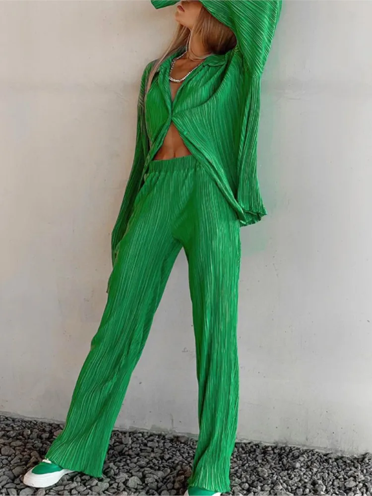 

Loose Solid Color Pleated Casual Two-piece Set 2026 Spring And Autumn New Fashion Button Cardigan Trousers Two-piece Set Females