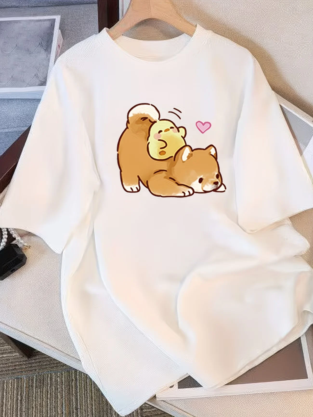 Lovely Puppy TShirt for Women Cartoon Fluffy Dog Graphic Print Casual Short Sleeve Cute Animal Tee Fashion Daily Street Wear Top
