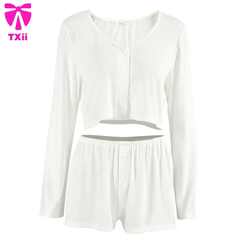 TXii 2024 New Cross border  White Knitted Jacquard Pajama Two piece Set, cardigan, long sleeved shorts, women\'s home wear