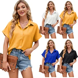 YJKDYK 2024 New Summer Women's Tops Shirt V-neck Button Up Shirt Female Solid Color Bubble Wrinkled Loose Short Sleeved Blouse