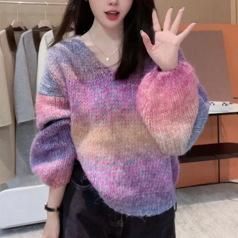 Short Jumper Sweater Women Y2k Clothes Pullover Pink Gradient Korean Fashion O-Neck Autumn Winter 2024 Casual Tops Chic Female