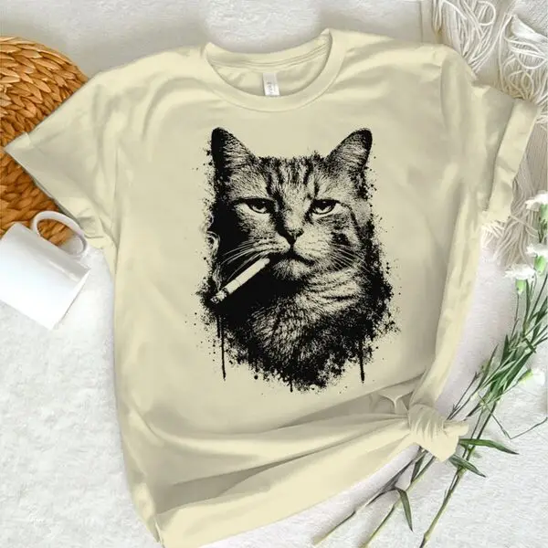 Wild Smoking Cat Print T Shirt Men Women Rock Style Animal Meme Kitten Streetwear Casual Short Sleeve Male Funny T-shirts