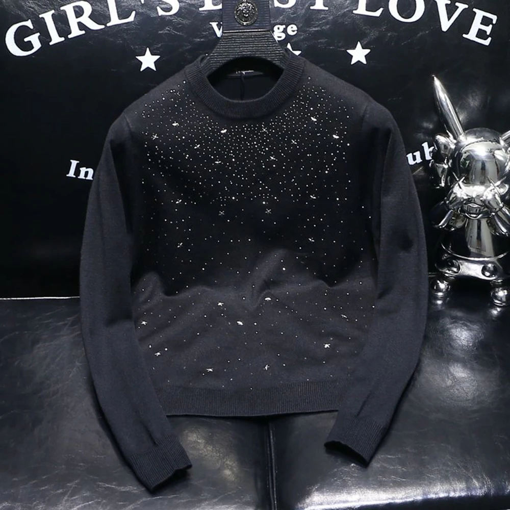 

2026 Spring New Arrival Men's Rhinestone Long-Sleeve T-Shirt American Retro Fashion Trendy High Street Loose Casual Men's Top