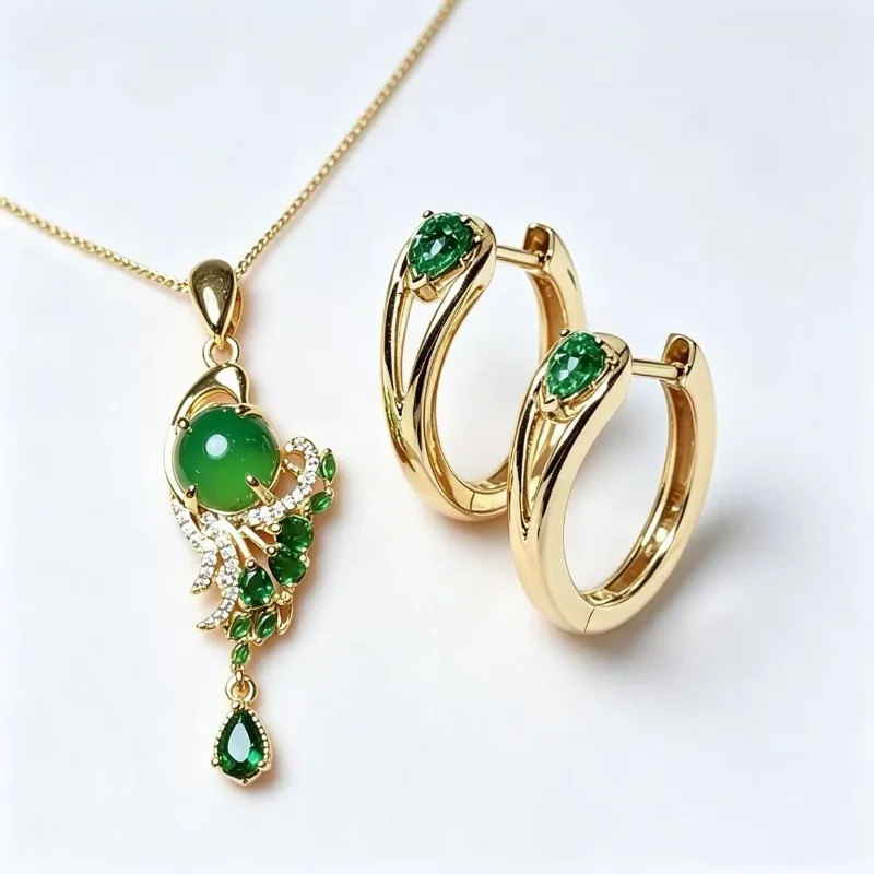 Set of two earrings featuring a mosaic of green zircon and a peacock spreading its wings.